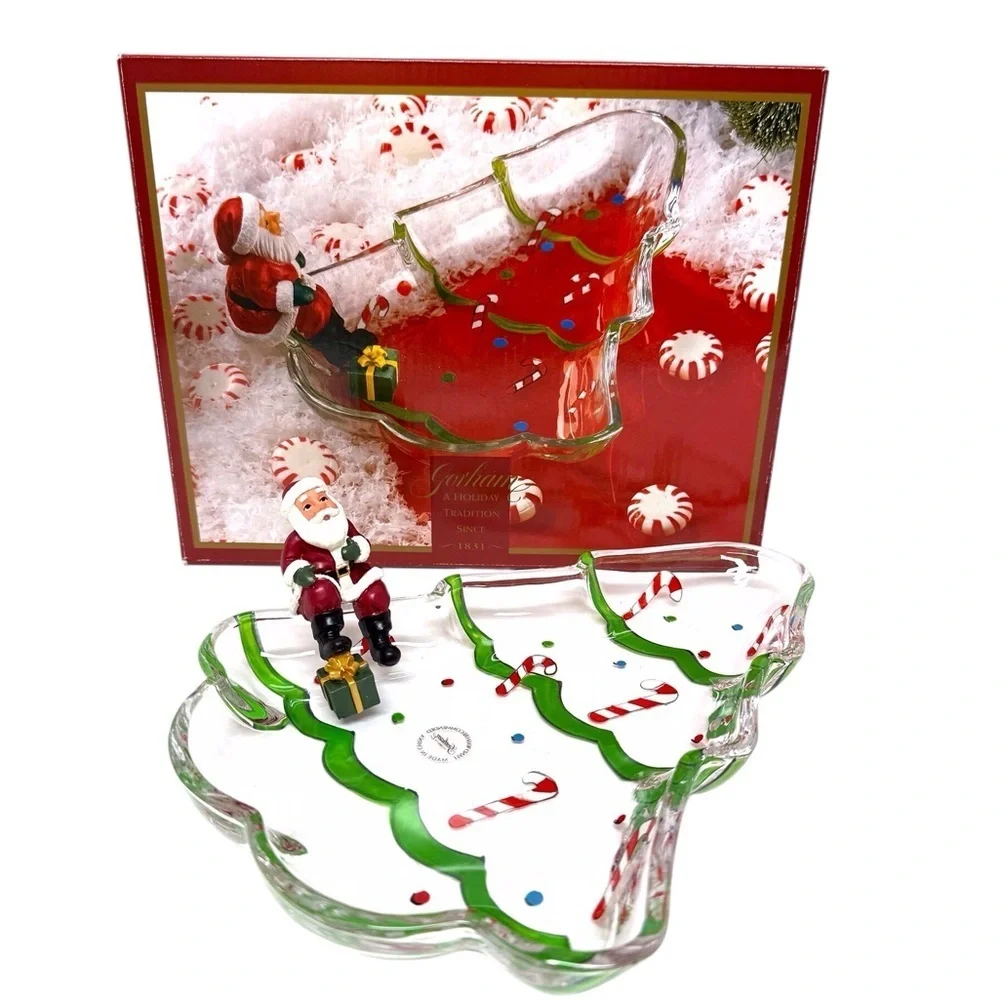 Gorham Tree Candy Dish 8” with sitting Santa Red & Green Christmas EUC